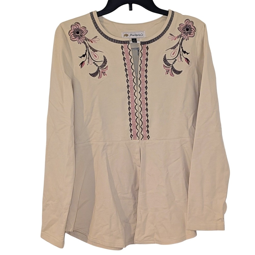 Montana Co Women Cream Floral Embroidered Peplum Top Western Boho Top NWT